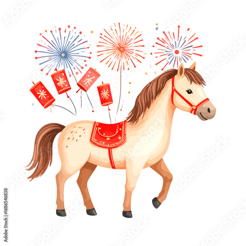A festive horse adorned with a saddle and surrounded by fireworks.