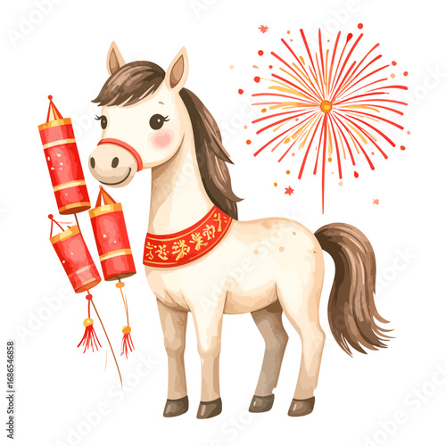 Festive Horse with Firecrackers - A Watercolor Celebration of the Lunar New Year.
