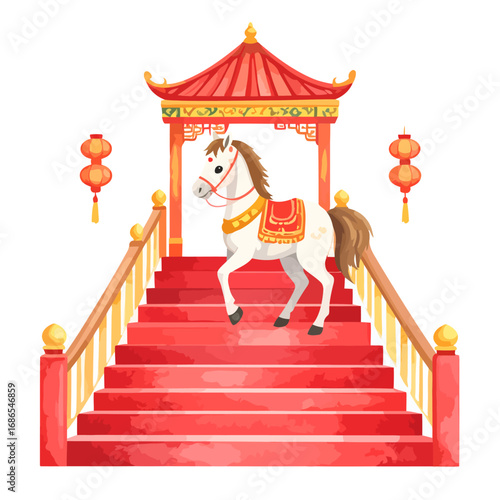 Horse on Red Staircase with Chinese Archway and Lanterns.