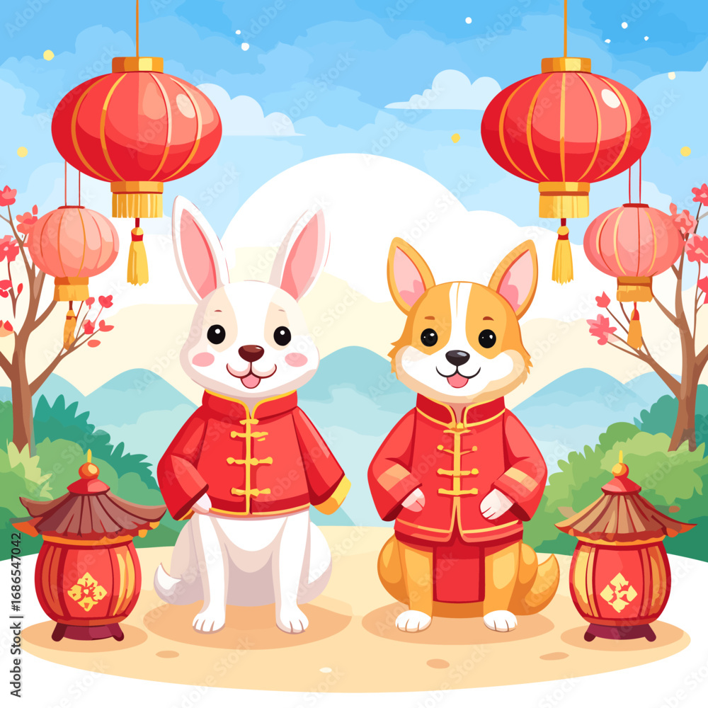Fototapeta premium two dogs in chinese new year outfits.
