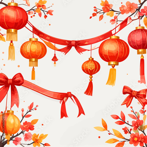 Chinese New Year lanterns and ribbons decorations.
