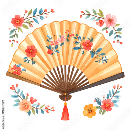 Floral decorated hand fan with wooden handle and red tassel.