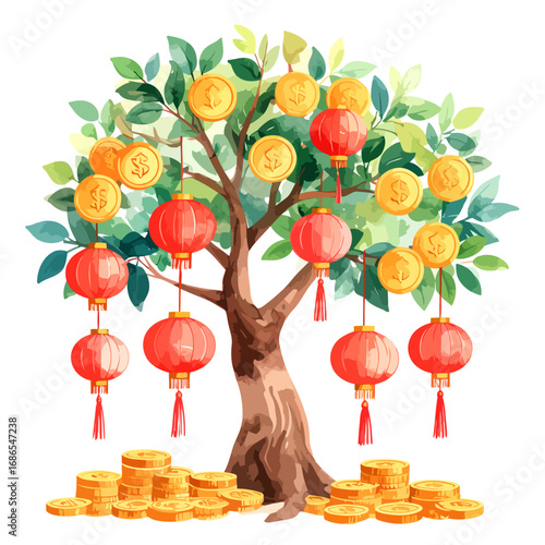 chinese money tree with lanterns and coins.