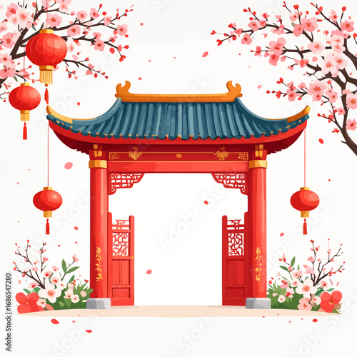 Traditional Red Chinese Archway Gate with Blue Roof and Lanterns.