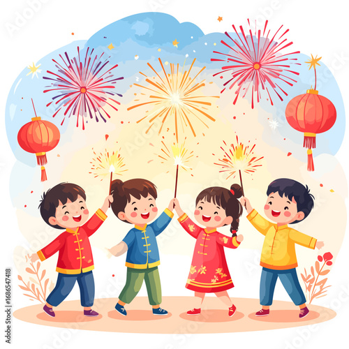 Children celebrating with sparklers and fireworks.