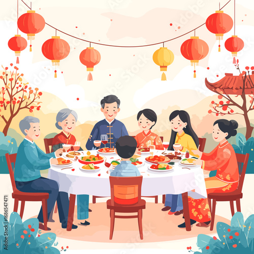 Family Gathering for Chinese New Year Celebration with Traditional Food and Lanterns.
