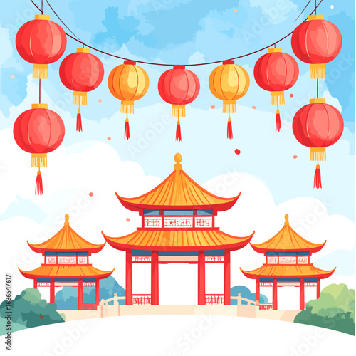 Chinese traditional architecture with red lanterns.