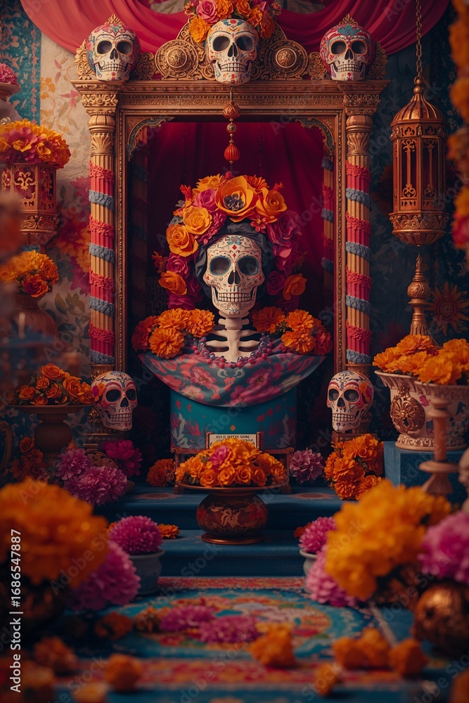 Fototapeta premium A beautifully ornate Día de los Muertos altar with a skull bust centerpiece, surrounded by vibrant marigold flowers and candles