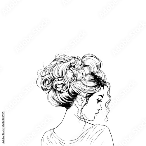 Elegant illustration of a woman with intricate, voluminous, and curly hair, looking down in profile.