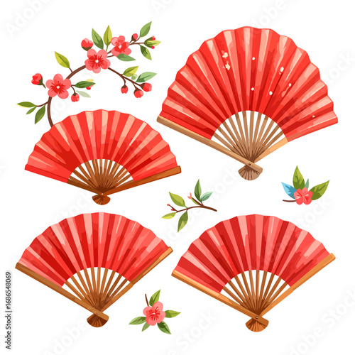 Elegant Collection of Red Japanese Folding Fans with Floral Accents.