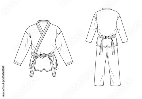 Detailed line art drawing of a traditional karate gi uniform for martial arts training practice
