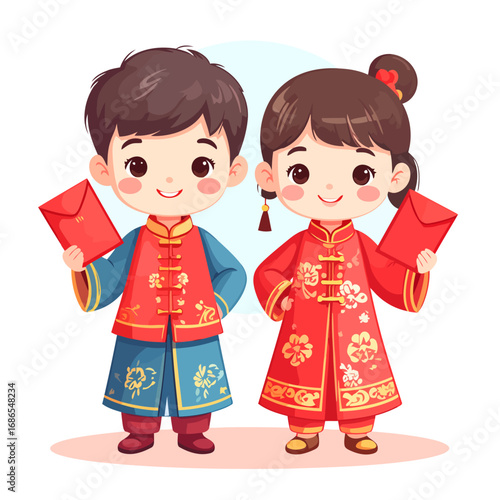 Cute Chinese Children in Traditional Red Clothing Holding Red Envelopes.