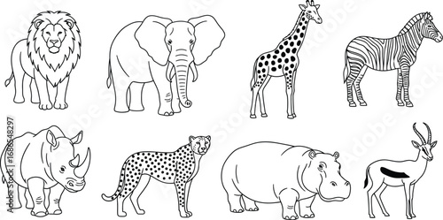 Collection of iconic African safari animals illustrated in a clean, simple line art style