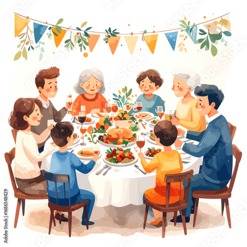 Family gathering around a table enjoying a festive meal together.