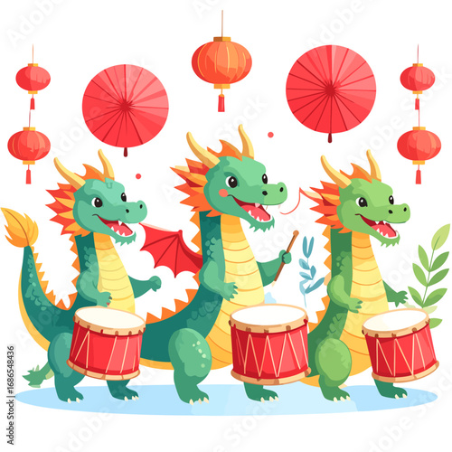 Three Cute Dragons Playing Drums with Chinese Lanterns.