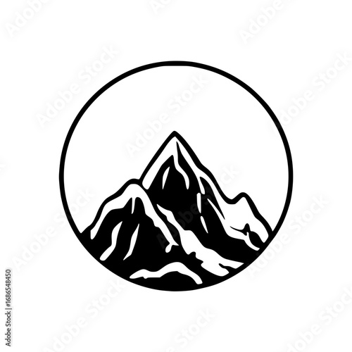 Minimalist black and white illustration of a mountain range with snowy peaks, enclosed within a circular frame, depicting a rugged landscape.