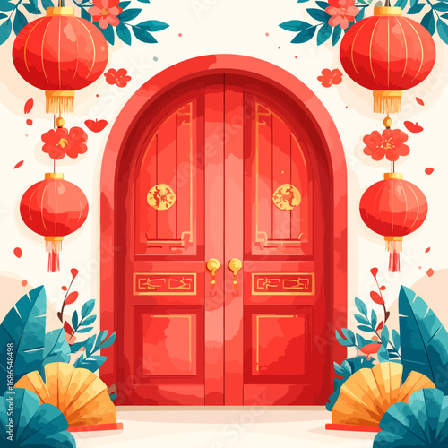 Traditional Chinese Red Arched Double Door Illustration.