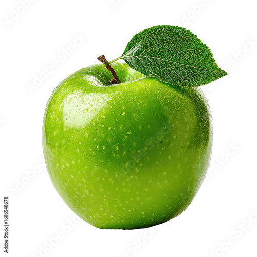 Close-up of a vibrant green apple, glossy skin, and a single leaf attached