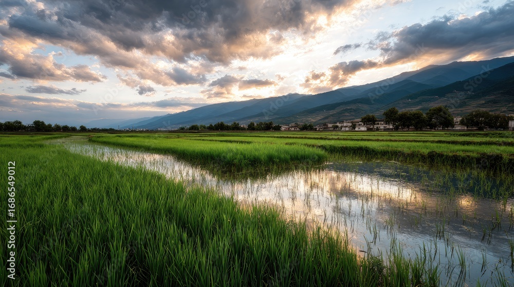 Fototapeta premium Lush green rice paddies at sunset, reflecting the sky in still water. Mountains in the background under a cloudy sky