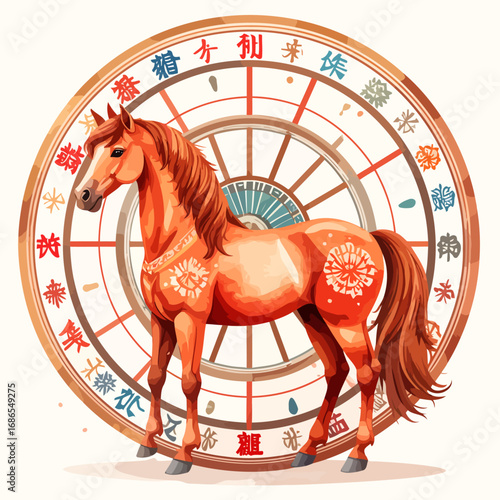 Beautiful Chestnut Horse with Decorative Asian Motifs.