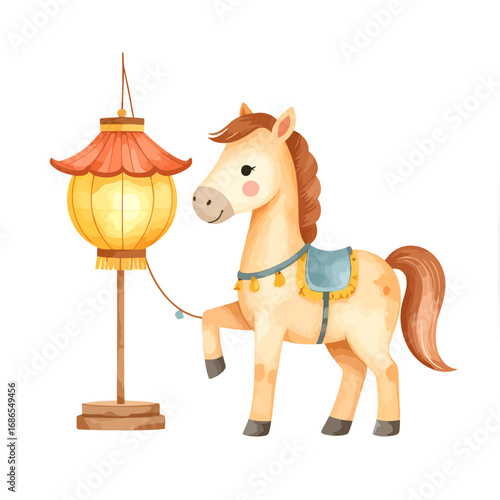 Adorable watercolor horse illustration with a glowing paper lantern.