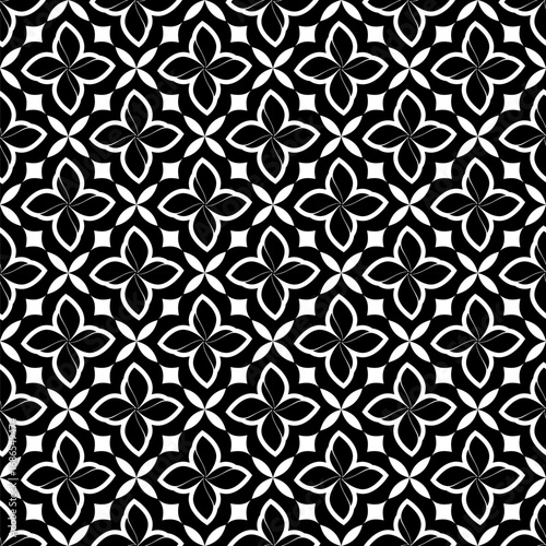 Seamless geometric floral pattern, abstract ornamental design with luxury black and white tile style, decorative flower motif background.