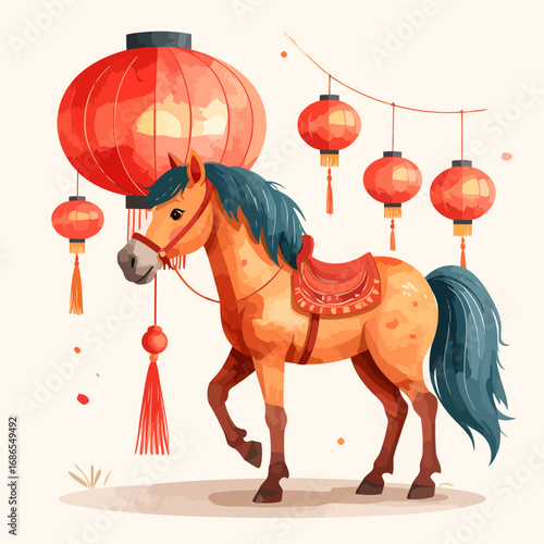 Chinese New Year Horse with Lanterns Illustration.