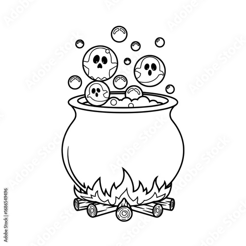 Spooky ghosts bubbling in a Halloween cauldron with a blazing fire underneath for coloring activity