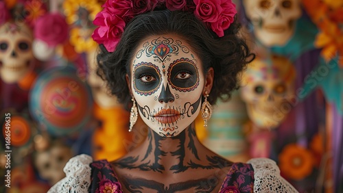 A colorful portrait of a woman with a beautiful sugar skull face paint and floral headdress for Dia de los Muertos