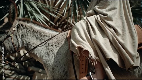 Solemn Palm Sunday story from bible of Jesus donkey ride into Jerusalem. Triumphal Entry in christianity