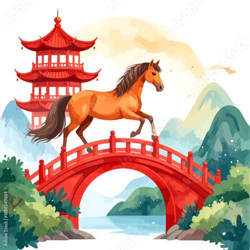 Majestic horse gracefully prancing across a vibrant red bridge.