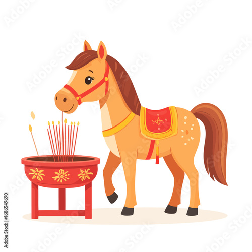 Cartoon Horse with Incense Offering, Celebrating Lunar New Year.