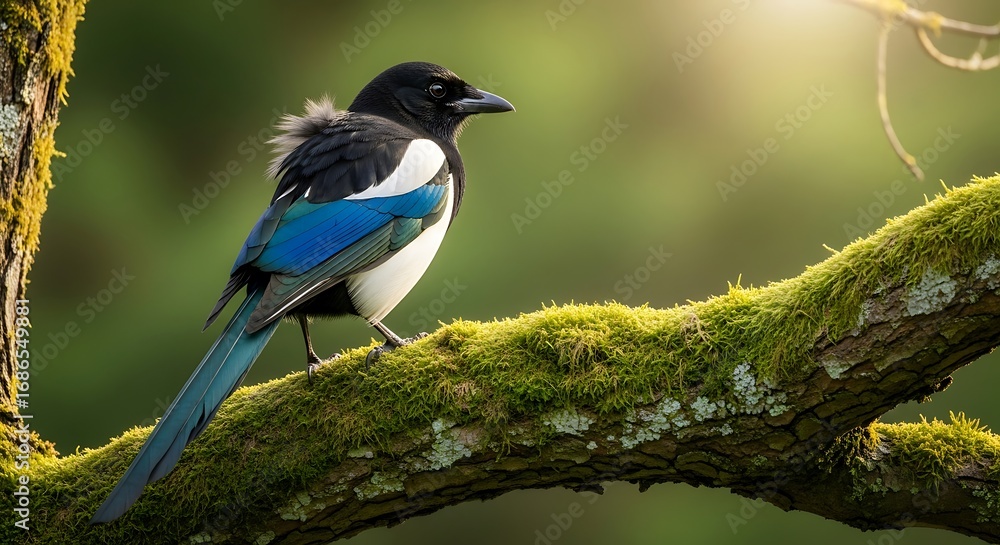 Obraz premium Elegant magpie perched on mossy branch basking in the golden sunlight, a striking moment of nature's beauty and serenity in the peaceful woodland