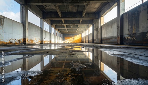 Abandoned Industrial Space with Reflections and Formations on Floor