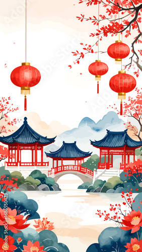 Traditional Chinese Architecture with Red Lanterns and Bridge.