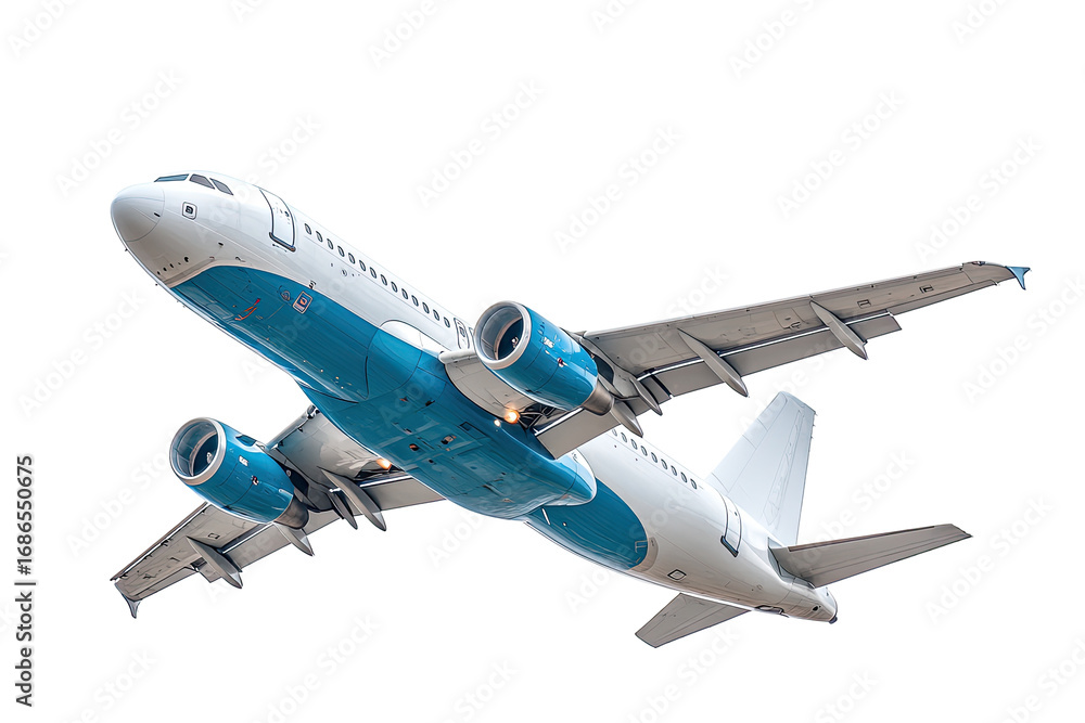 Obraz premium Commercial jet airliner in flight, bright blue and white livery
