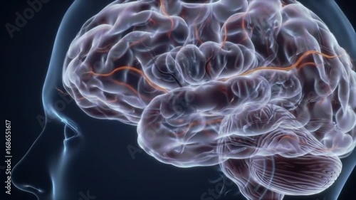 3D Animation of Human Brain with Neural Network Activity, Seamless Loop