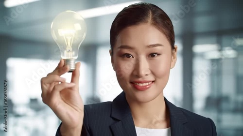 Smiling Asian Businesswoman Holding a Glowing Light Bulb, Innovation Concept