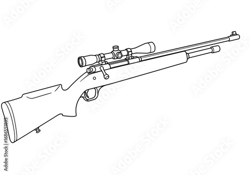 Detailed line art of a modern hunting rifle with scope for hunting and shooting sports design