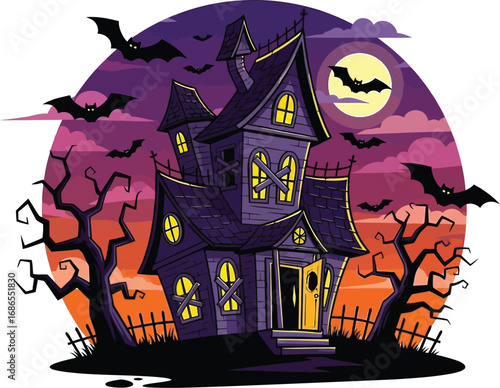 Spooky haunted house with bats and full moon halloween night