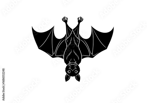 Adorable black bat hanging upside down with wide wings and curious eyes, perfect for spooky or cute designs