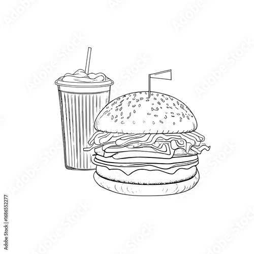 A black and white line art illustration of a fast food meal with a hamburger and a drink.