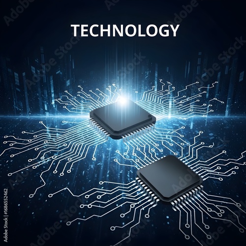  Dark background with glowing microchips and circuit board lines, representing advanced technology, processing power, and digital innovation.
