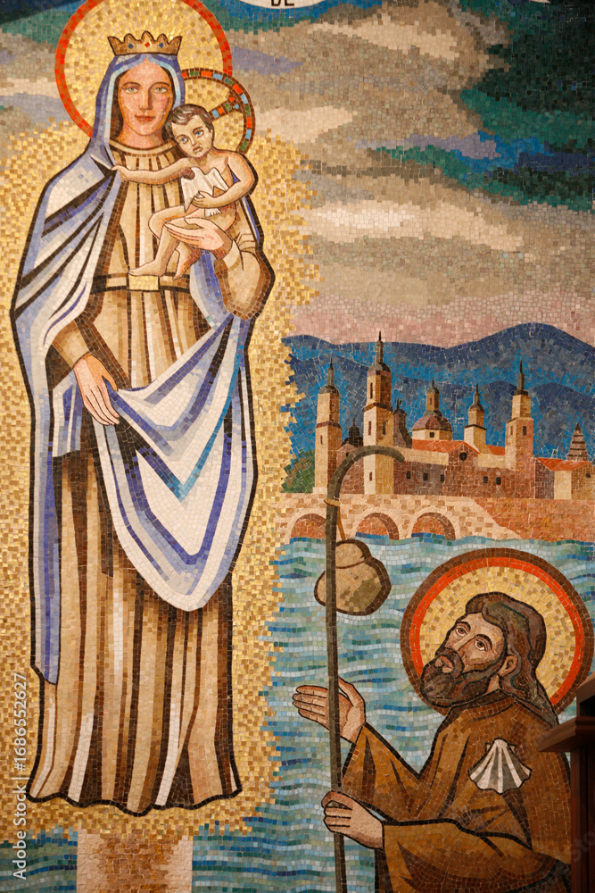 Naklejka premium Annunciation basilica painting : pilgrim kneeling before the Virgin . Jerusalem. Israel.