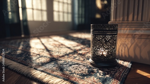 Ornate lantern casts light across a Persian rug in a sunlit room, creating warm shadows
