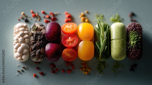 Creative arrangement of vibrant food items styled as dietary supplement capsules