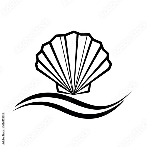 Stylized line art of a scallop shell resting on wavy lines