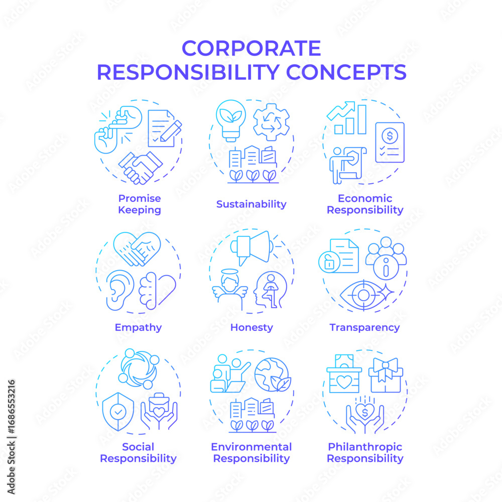 Fototapeta premium Corporate responsibility blue gradient concept icons. Business ethical commitment. Sustainable choices of company. Icon pack. Vector images. Round shape illustrations for article. Abstract idea