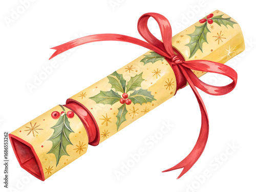 Christmas Cracker with Red Ribbon and Holly Design Yellow Paper Festive Holiday Decoration isolated on a transparent background