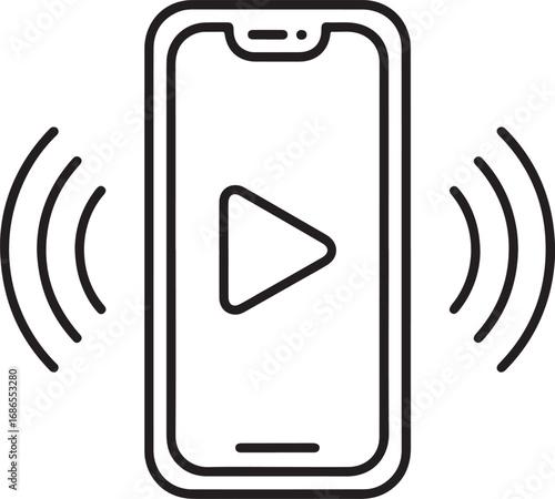 Smartphone with play button icon and sound waves indicating incoming notification or call